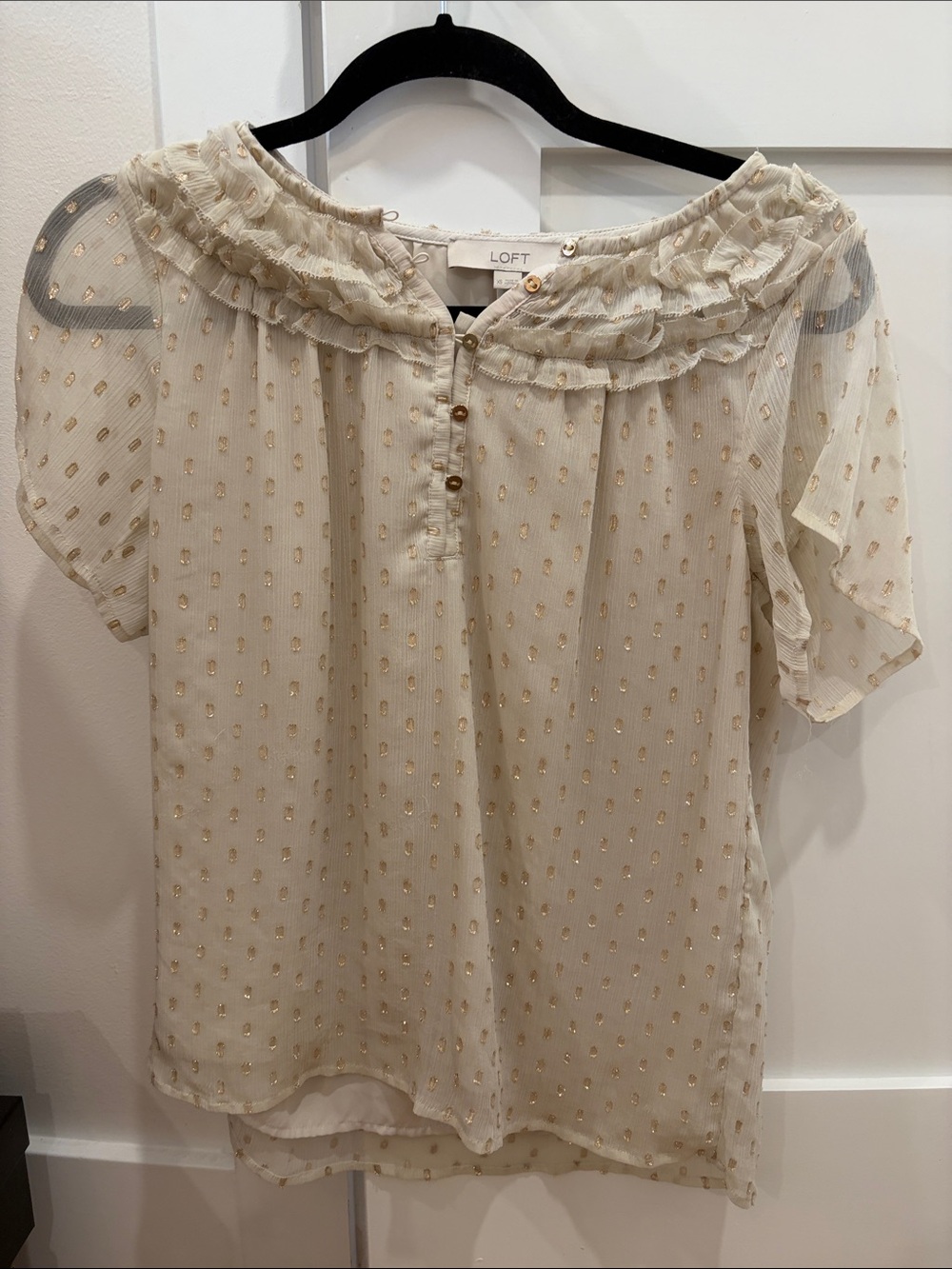 LOFT Cream Sheer Blouse with Gold Dot Ruffle Collar